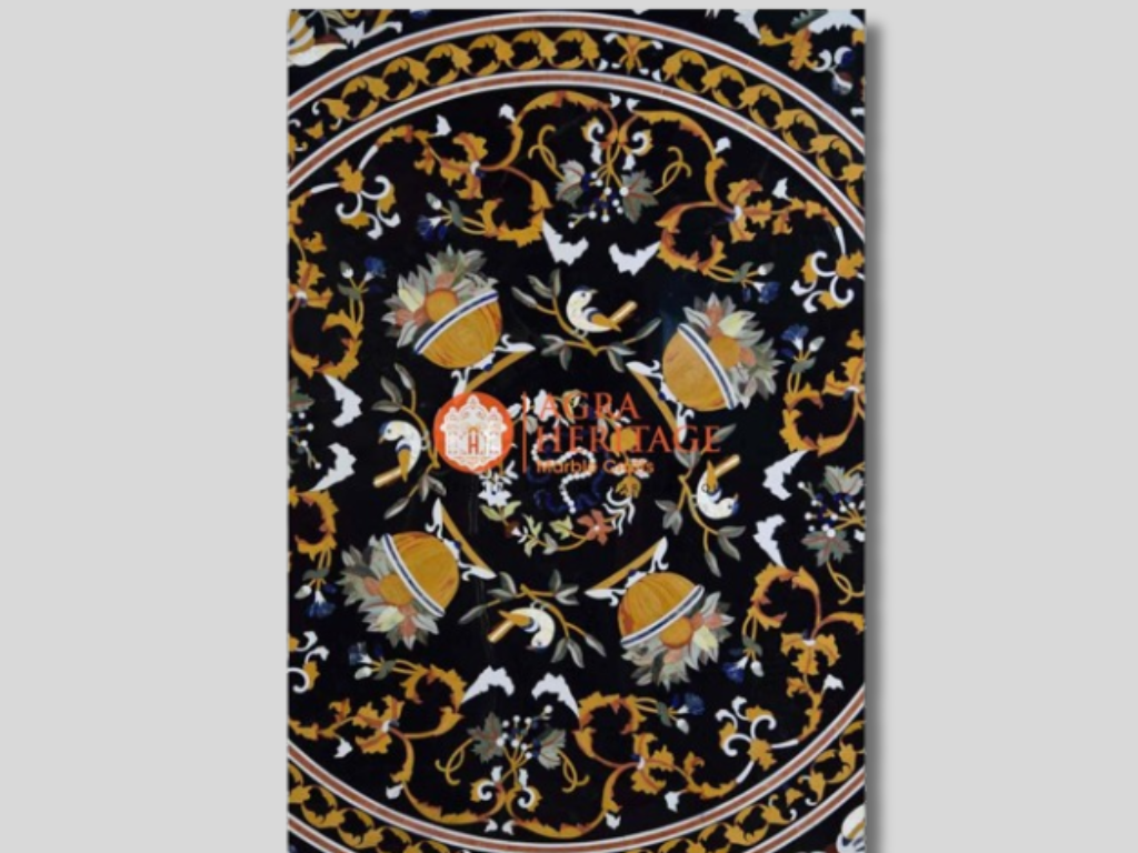 Black Marble Inlay Dining Table Top Pietra Dura Inlay Italian Design